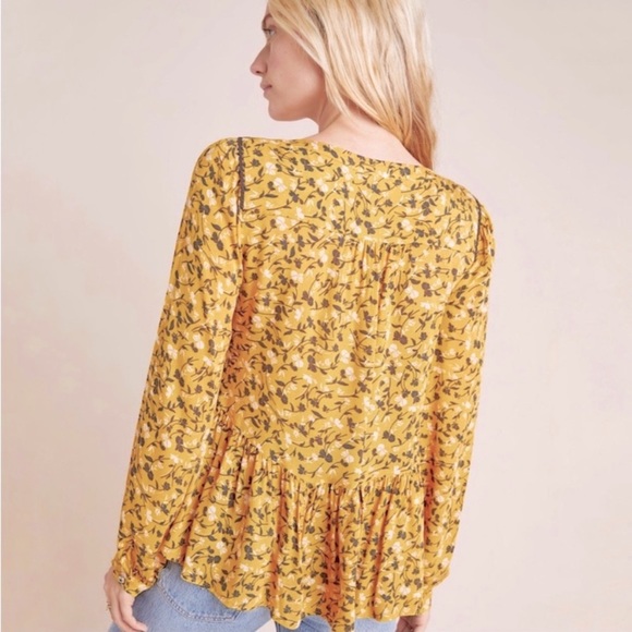 Anthro Maeve Mustard Floral Swing Peplum Blouse Top - Picture 3 of 13